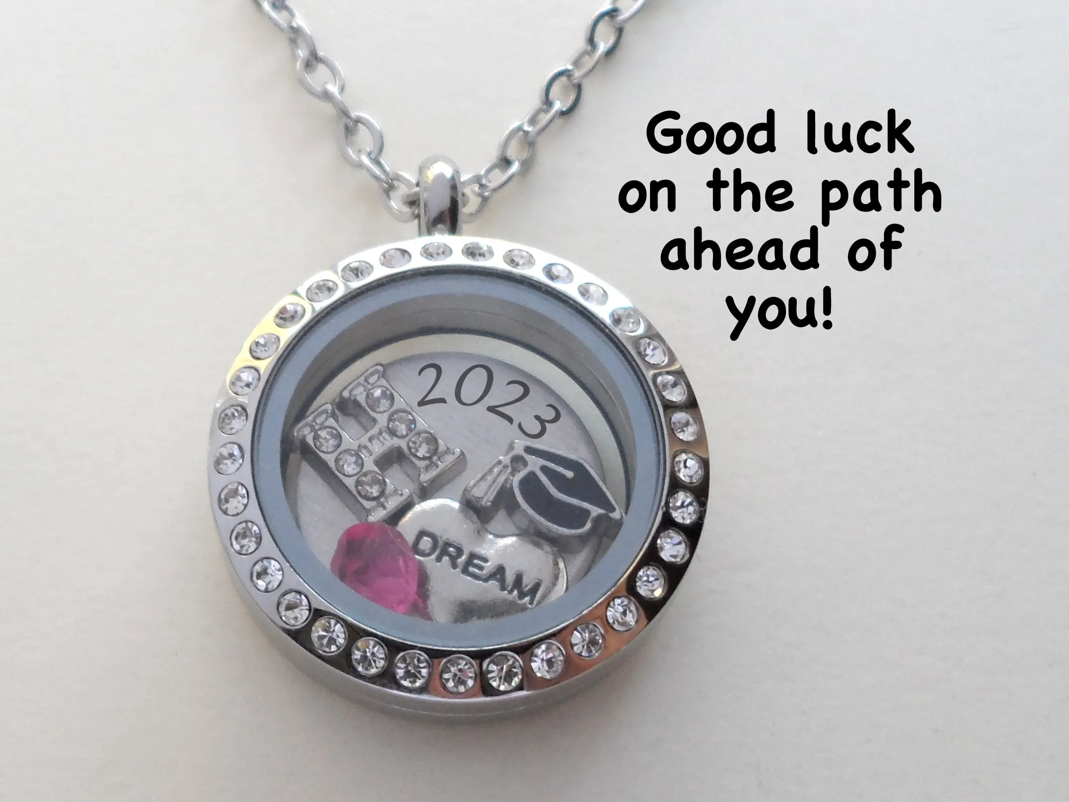 Personalized Graduation Floating Charm Locket Necklace with 2025 Disc, Graduate Cap, Letter and Birthstone Charm - by Jewelry Everyday