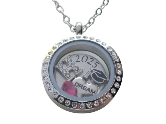 Personalized Graduation Floating Charm Locket Necklace with 2025 Disc, Graduate Cap, Letter and Birthstone Charm - by Jewelry Everyday