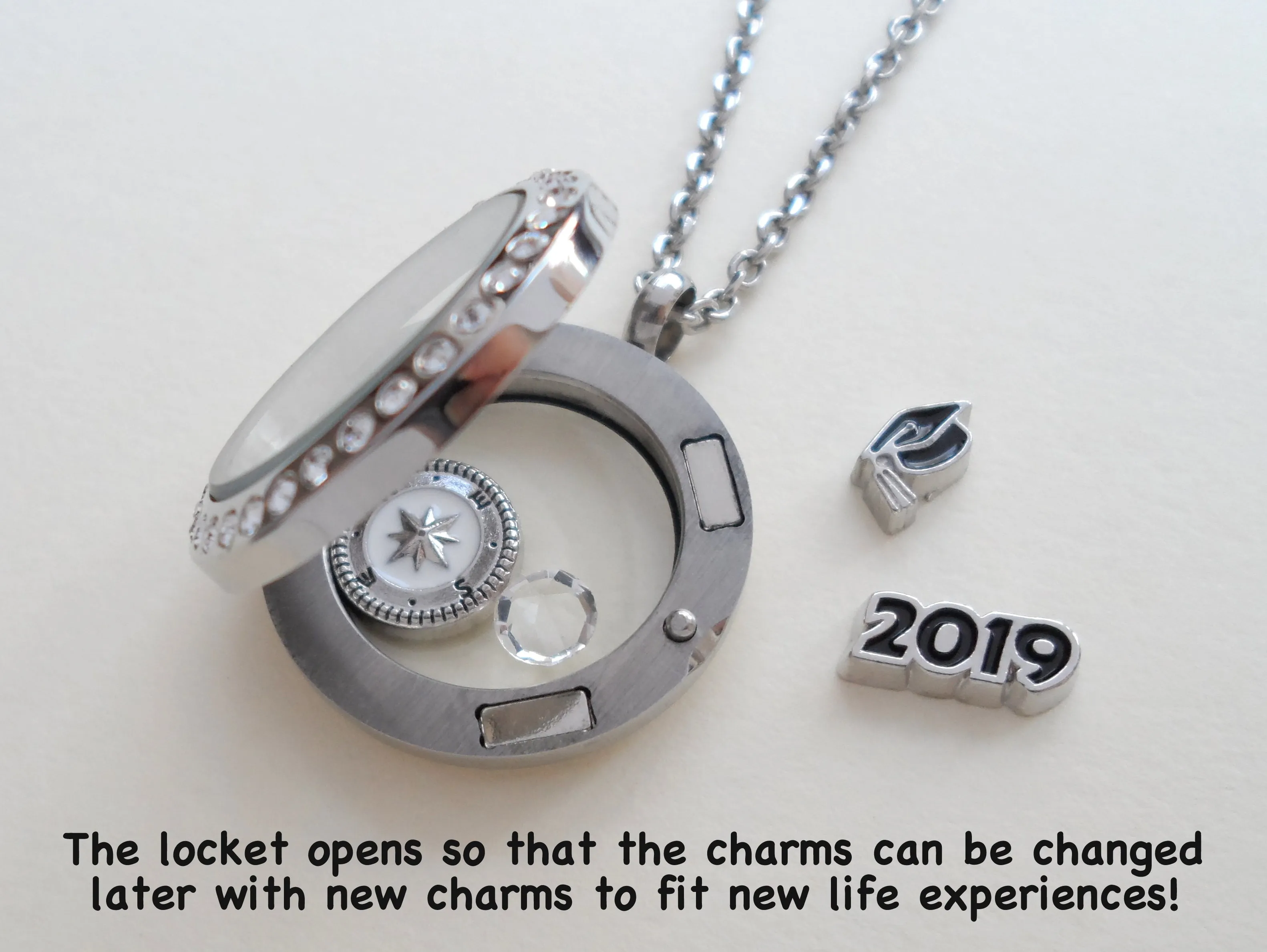 Personalized Graduation Floating Charm Locket Necklace with 2025 Disc, Graduate Cap, Letter and Birthstone Charm - by Jewelry Everyday