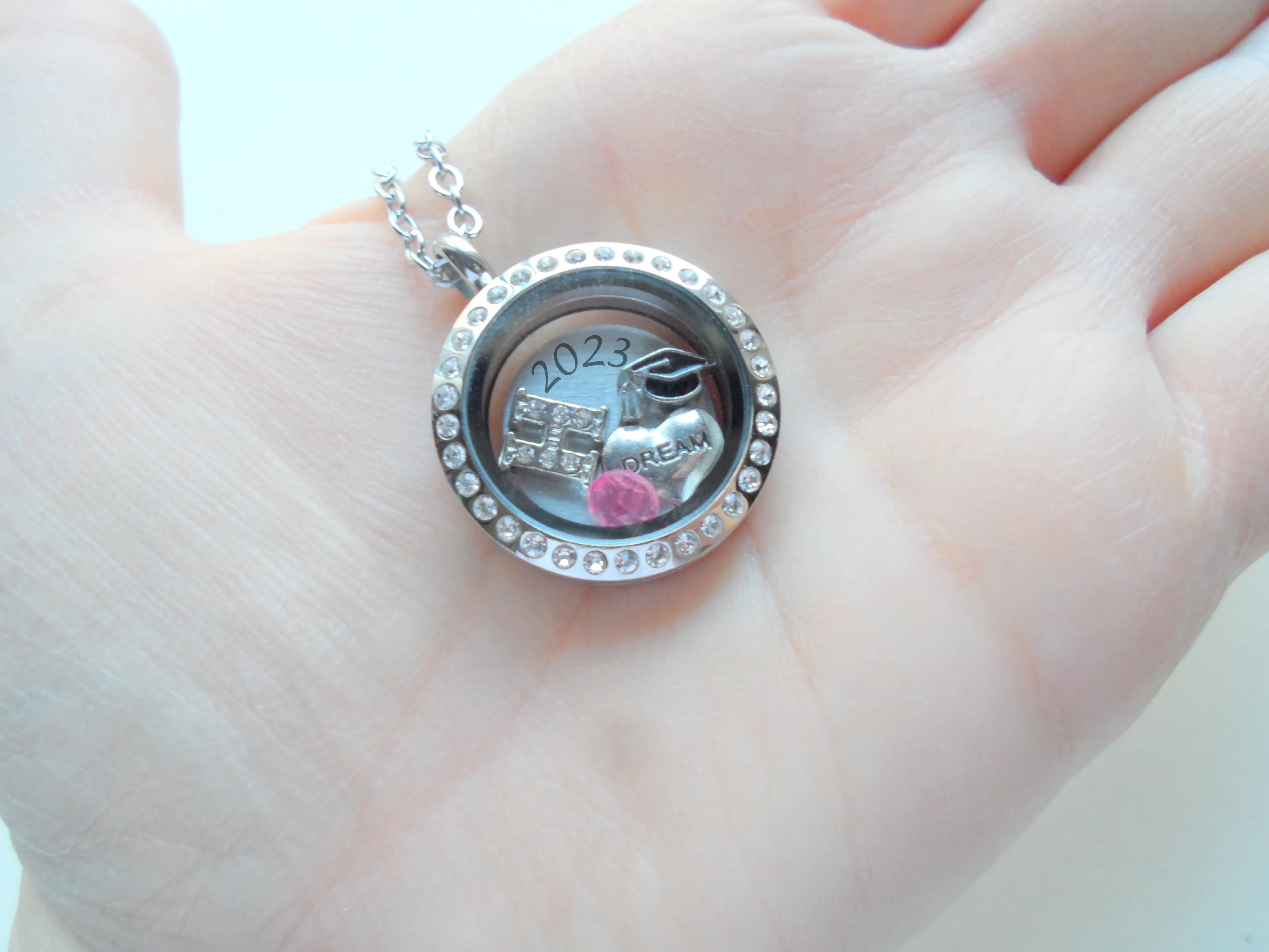 Personalized Graduation Floating Charm Locket Necklace with 2025 Disc, Graduate Cap, Letter and Birthstone Charm - by Jewelry Everyday