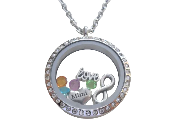 Personalized Large Crystal Edge Circle Floating Locket Necklace for Mother or Grandma - by Jewelry Everyday
