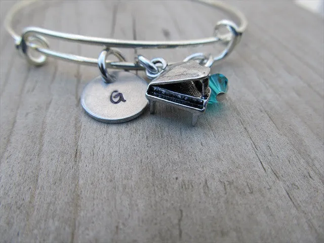 Piano Charm Bracelet -Adjustable Bangle Bracelet with an Initial Charm and Accent Bead of your choice