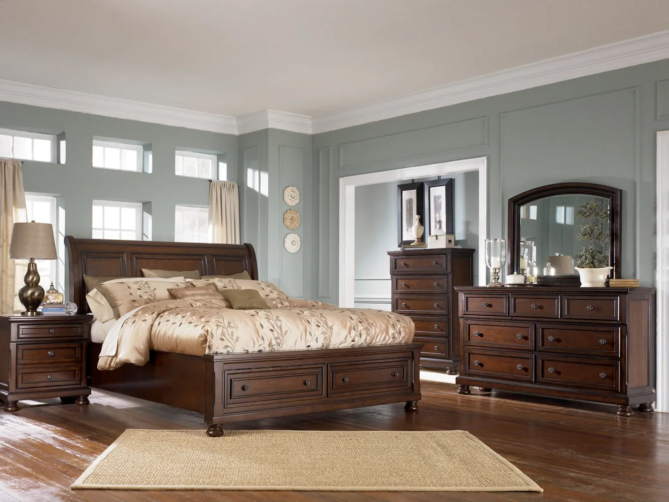 Porter King Sleigh Bed with Mirrored Dresser, Chest and 2 Nightstands