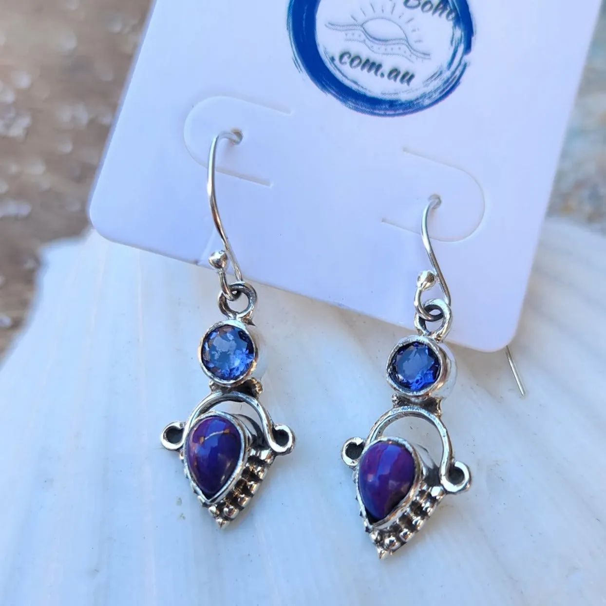 PURPLE DROPS - COPPER TURQUOISE 925  HOOK EARRINGS