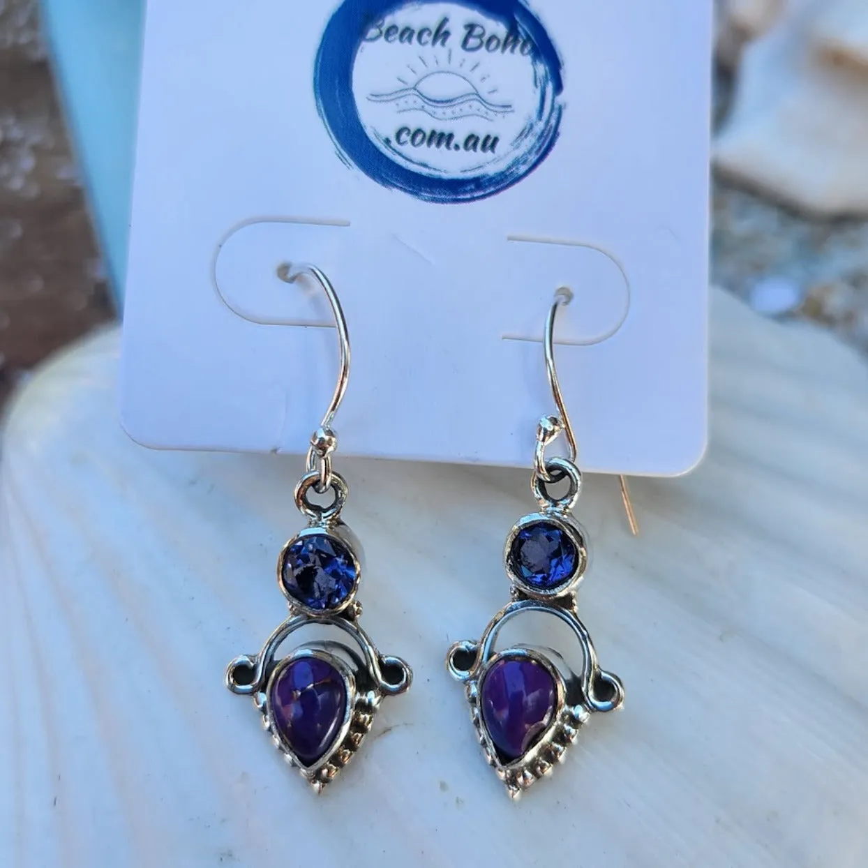 PURPLE DROPS - COPPER TURQUOISE 925  HOOK EARRINGS