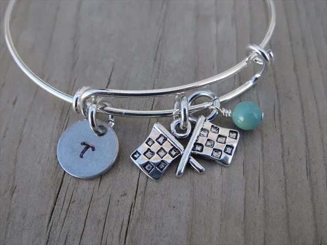 Racing Charm Bracelet- Adjustable Bangle Bracelet with an Initial Charm and an Accent Bead of your choice