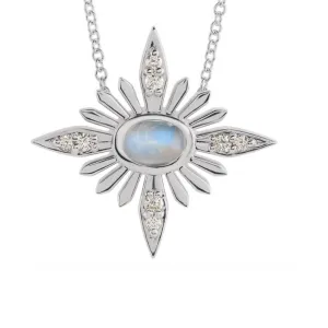 Rainbow Moonstone and Diamond Celestial Necklace in White, Yellow or Rose Gold