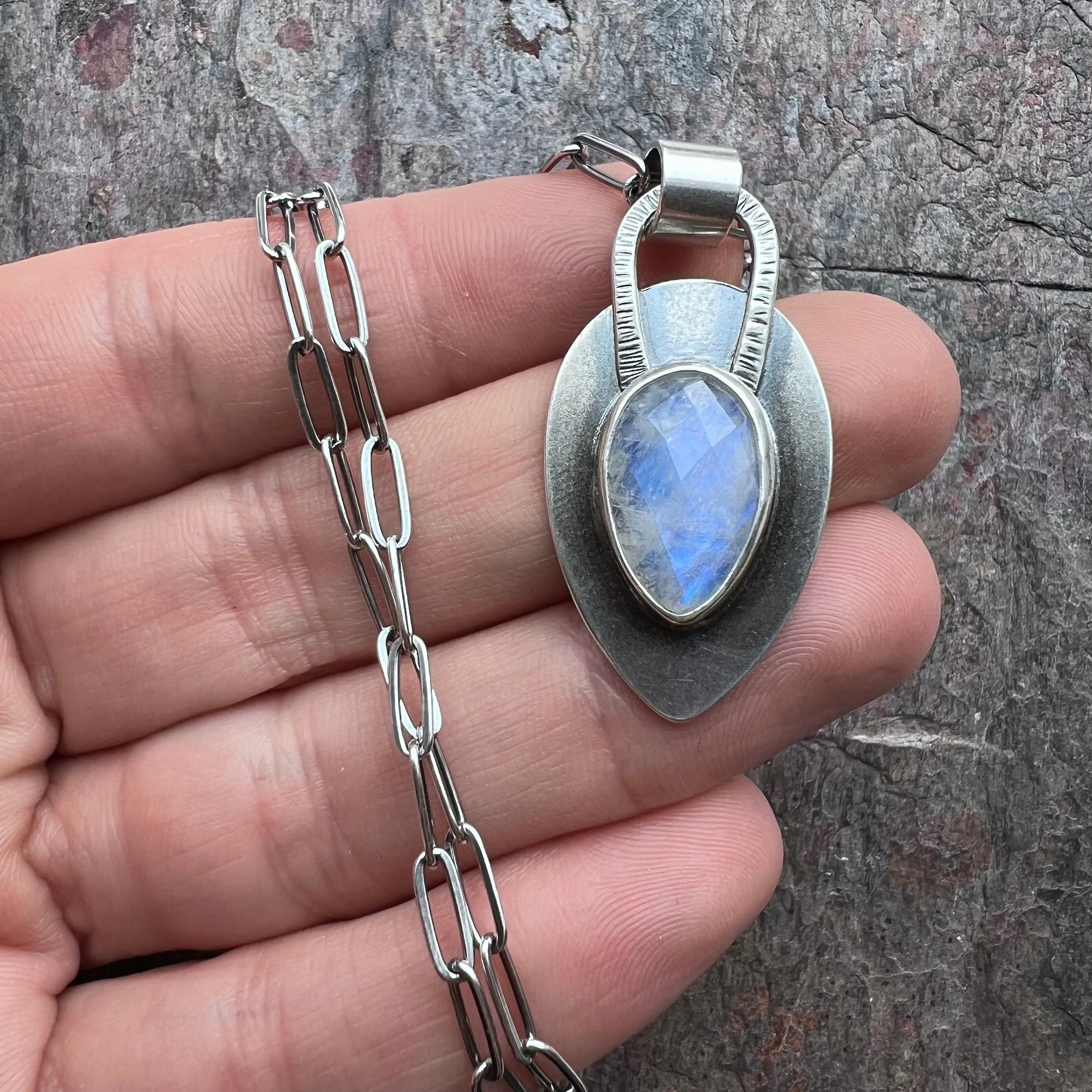 Rainbow Moonstone Sterling Silver Necklace - Handmade One-of-a-kind Pendant on Sterling Silver Chain