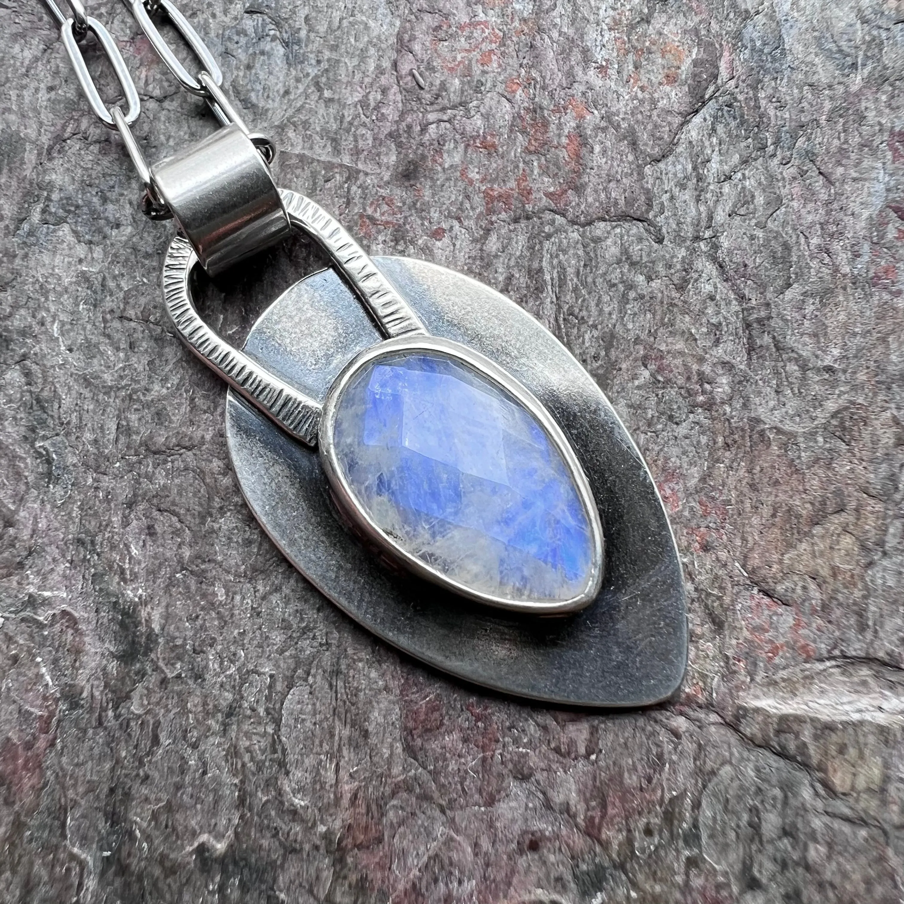 Rainbow Moonstone Sterling Silver Necklace - Handmade One-of-a-kind Pendant on Sterling Silver Chain