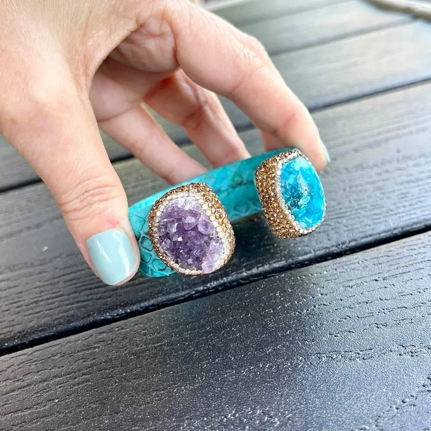 Raw Amethyst and Turquoise Open Cuff Leather Bracelet