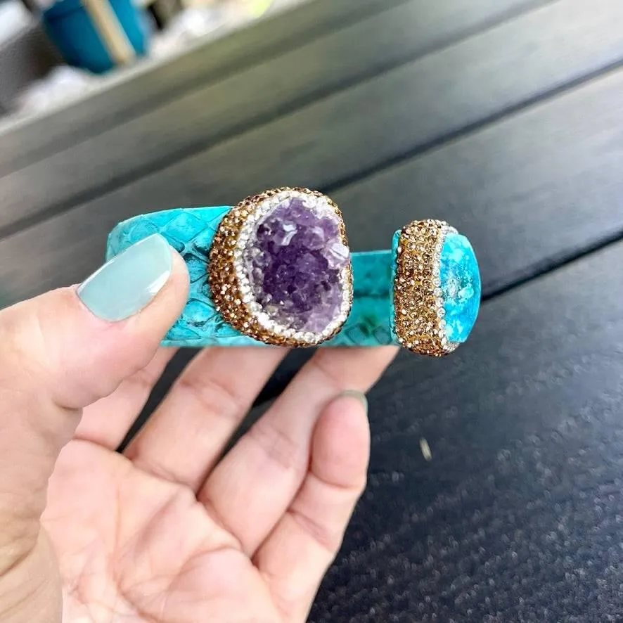 Raw Amethyst and Turquoise Open Cuff Leather Bracelet