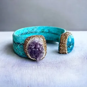 Raw Amethyst and Turquoise Open Cuff Leather Bracelet