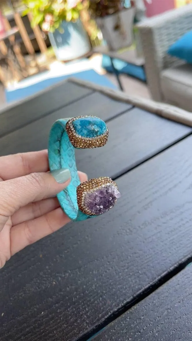 Raw Amethyst and Turquoise Open Cuff Leather Bracelet