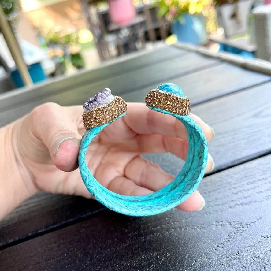 Raw Amethyst and Turquoise Open Cuff Leather Bracelet