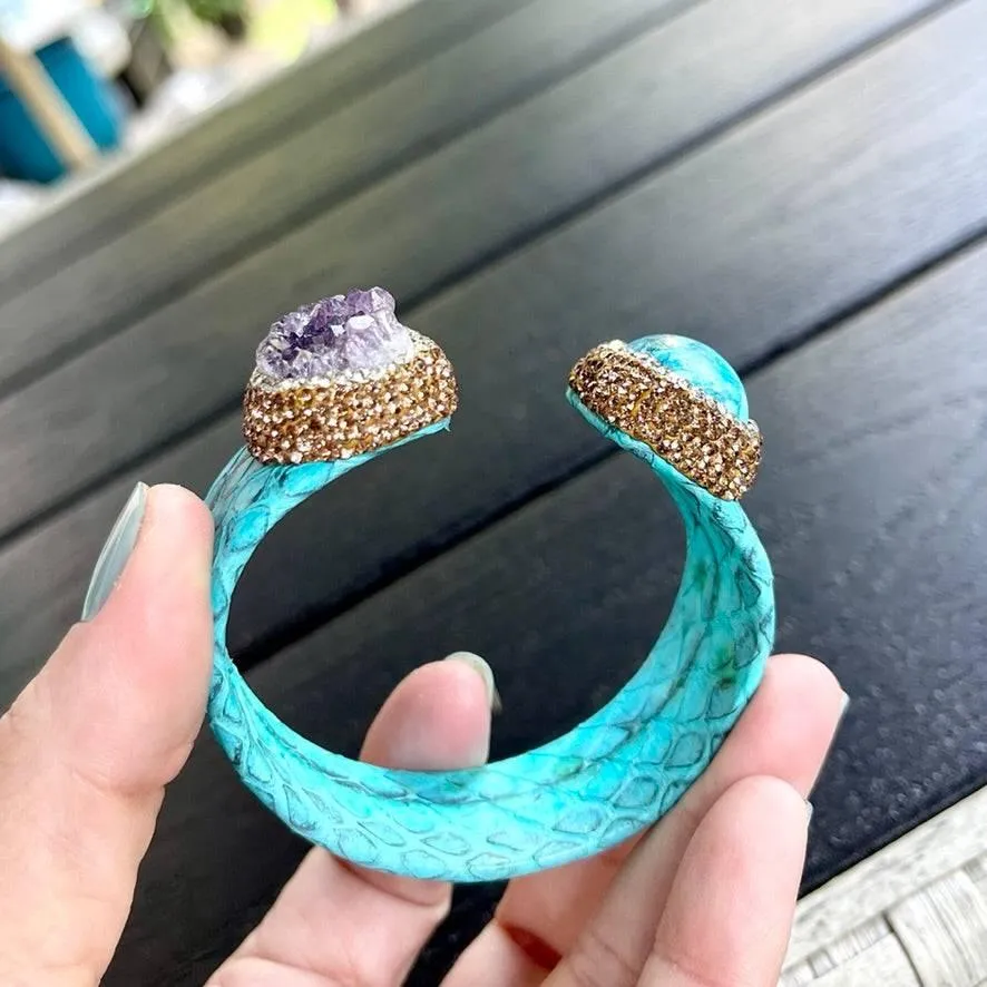 Raw Amethyst and Turquoise Open Cuff Leather Bracelet