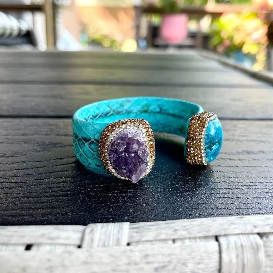 Raw Amethyst and Turquoise Open Cuff Leather Bracelet
