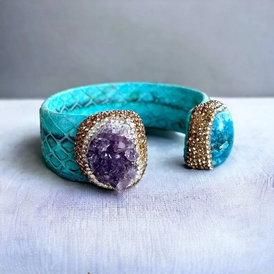 Raw Amethyst and Turquoise Open Cuff Leather Bracelet