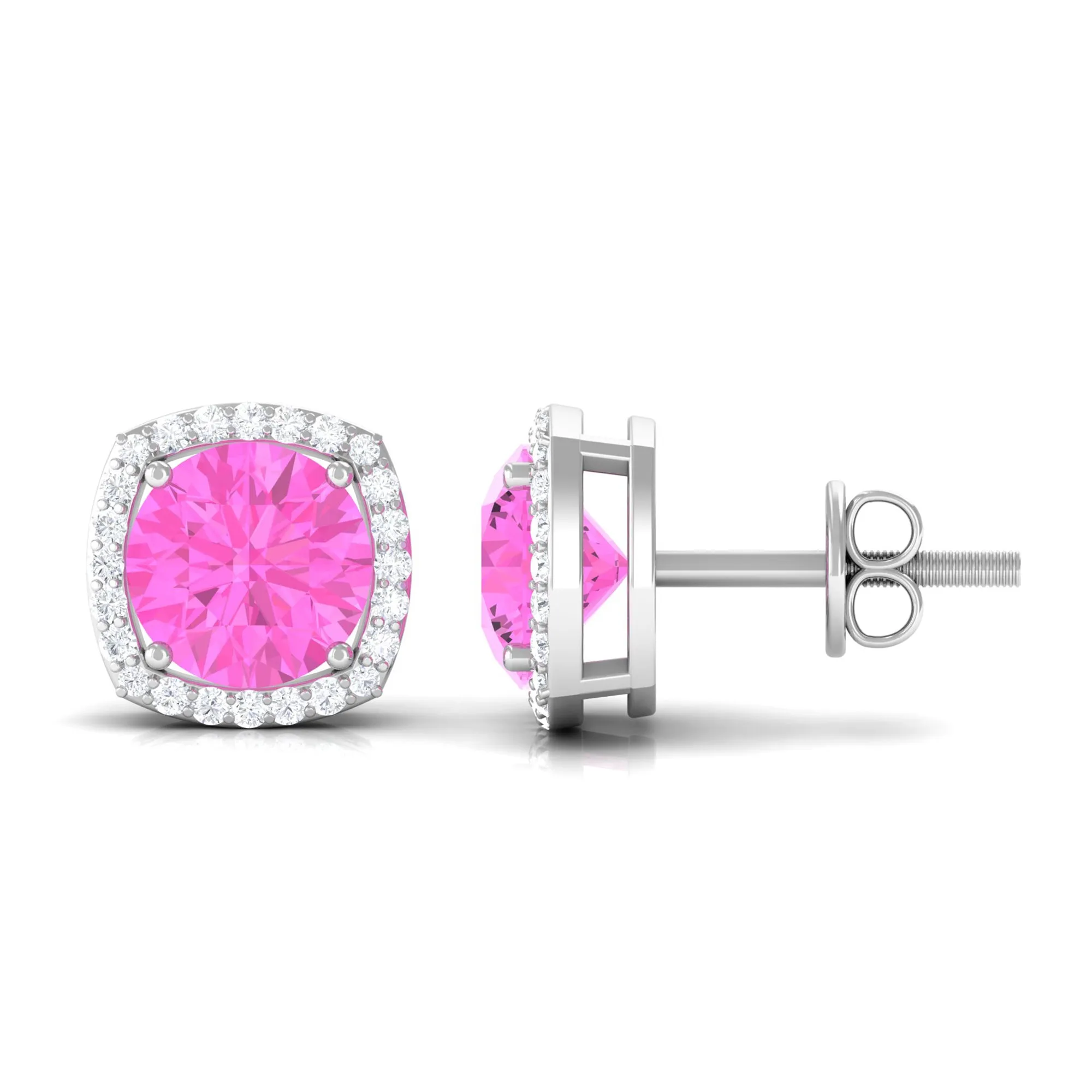 Round Pink Sapphire and Diamond Classic Halo Stud Earrings