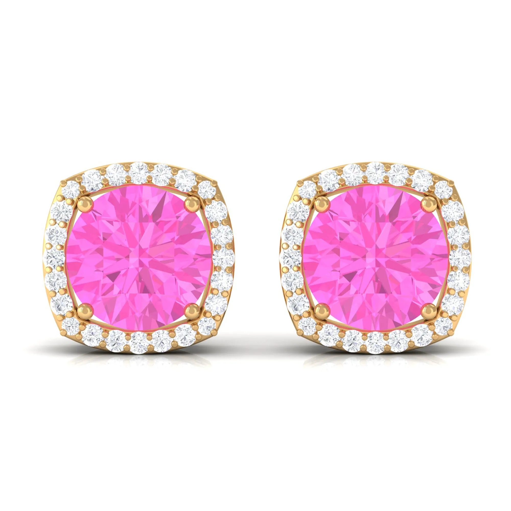 Round Pink Sapphire and Diamond Classic Halo Stud Earrings