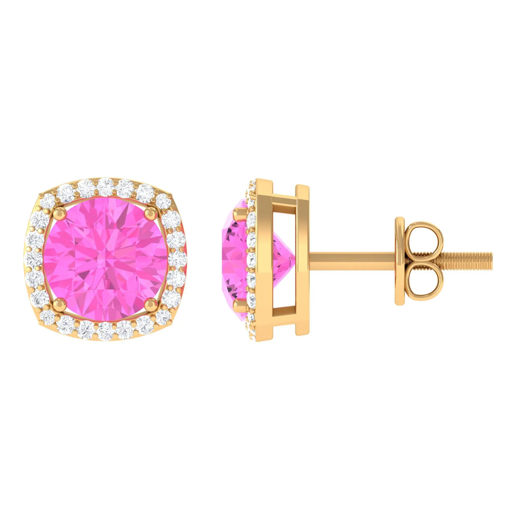 Round Pink Sapphire and Diamond Classic Halo Stud Earrings