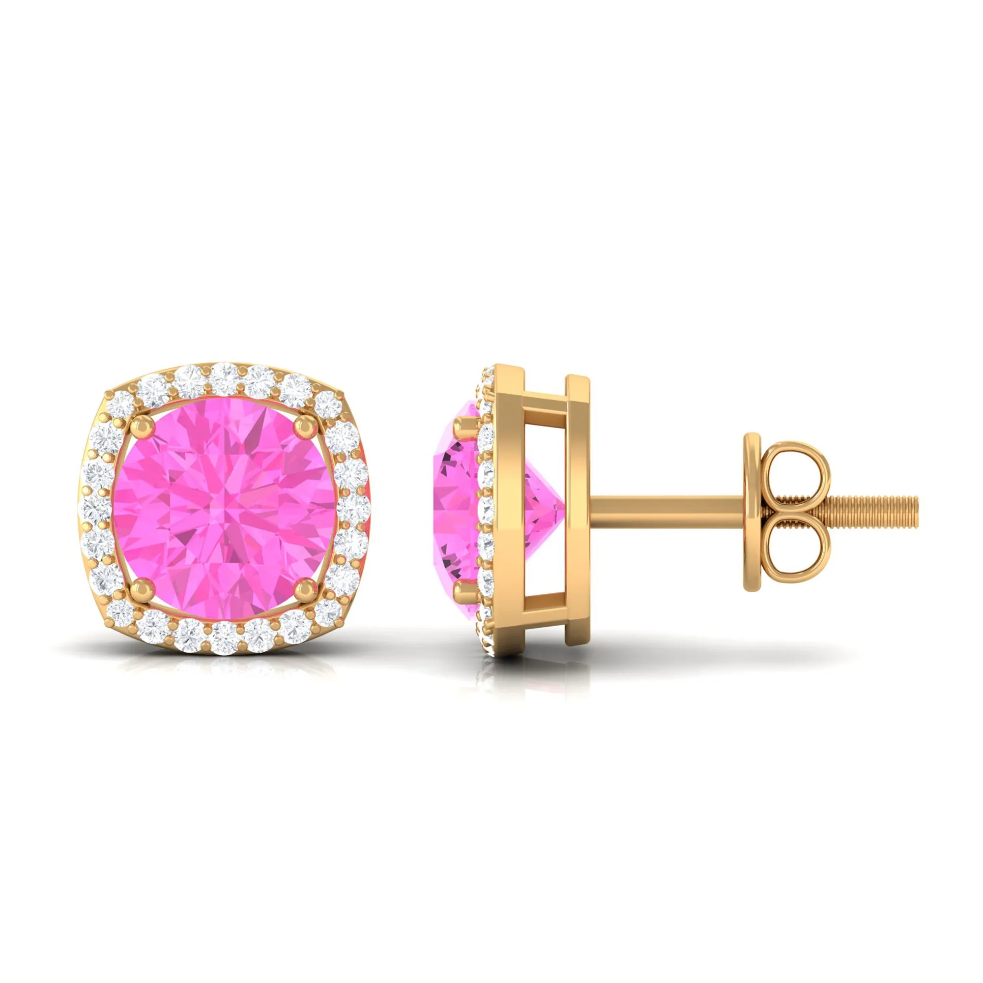 Round Pink Sapphire and Diamond Classic Halo Stud Earrings