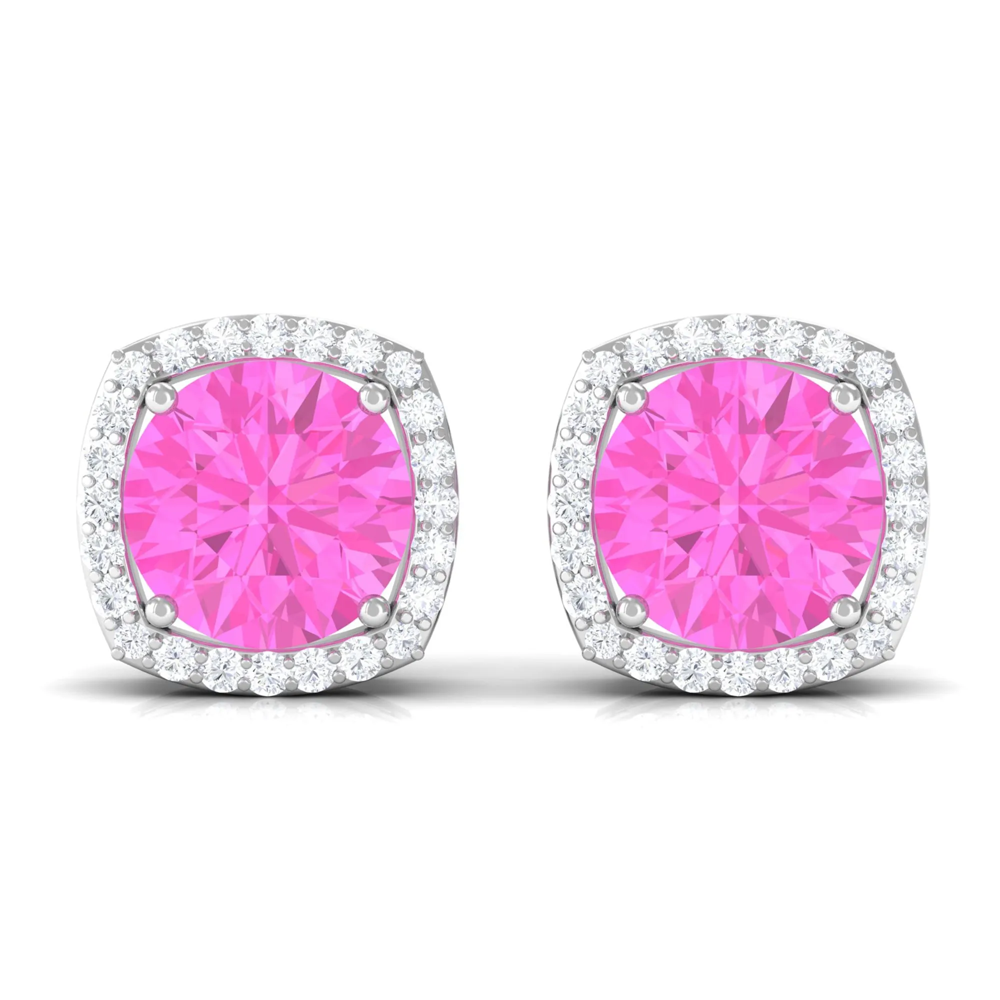 Round Pink Sapphire and Diamond Classic Halo Stud Earrings
