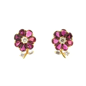 Ruby & Diamond Tea Rose Flower Earrings