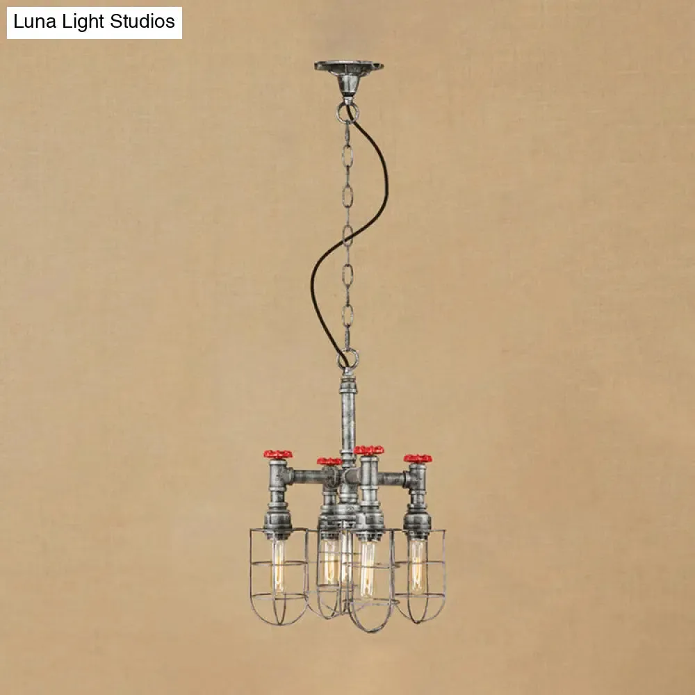 Rustic 5-Light Chandelier Lamp - Wire Frame, Red Valve Metal - Aged Silver/Bronze