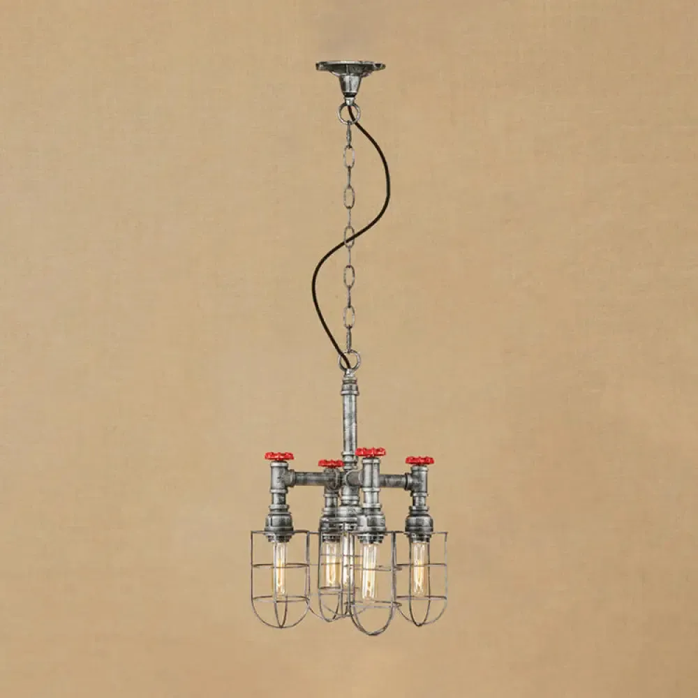 Rustic 5-Light Chandelier Lamp - Wire Frame, Red Valve Metal - Aged Silver/Bronze