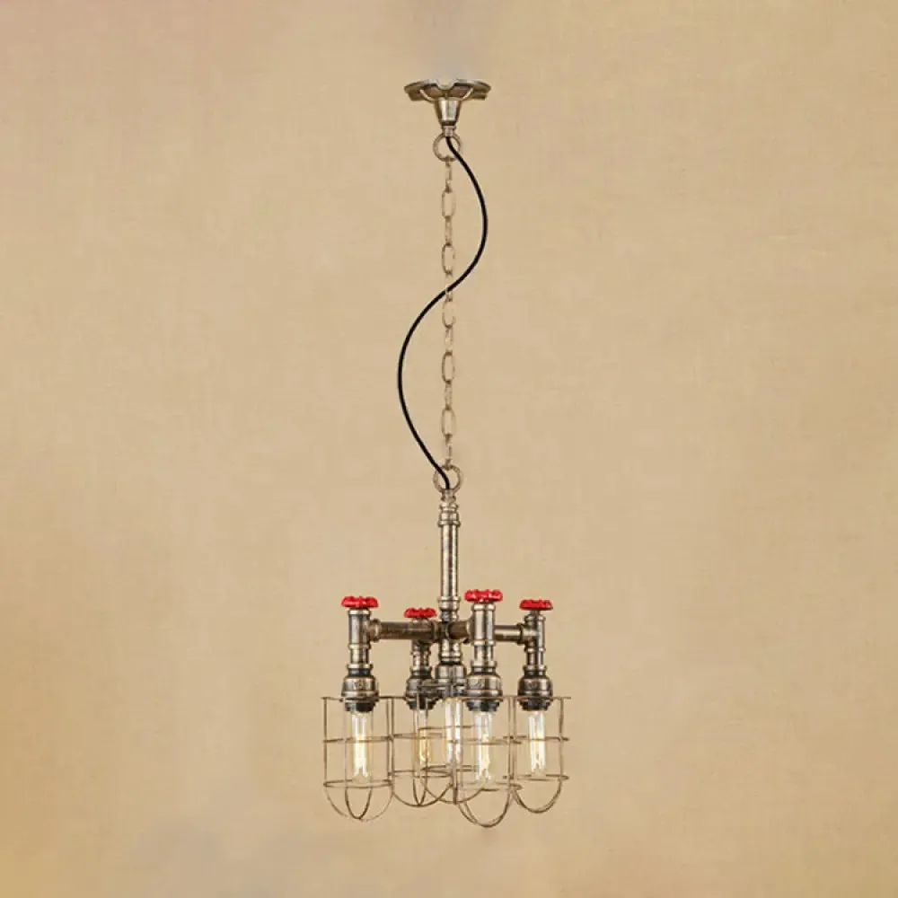 Rustic 5-Light Chandelier Lamp - Wire Frame, Red Valve Metal - Aged Silver/Bronze