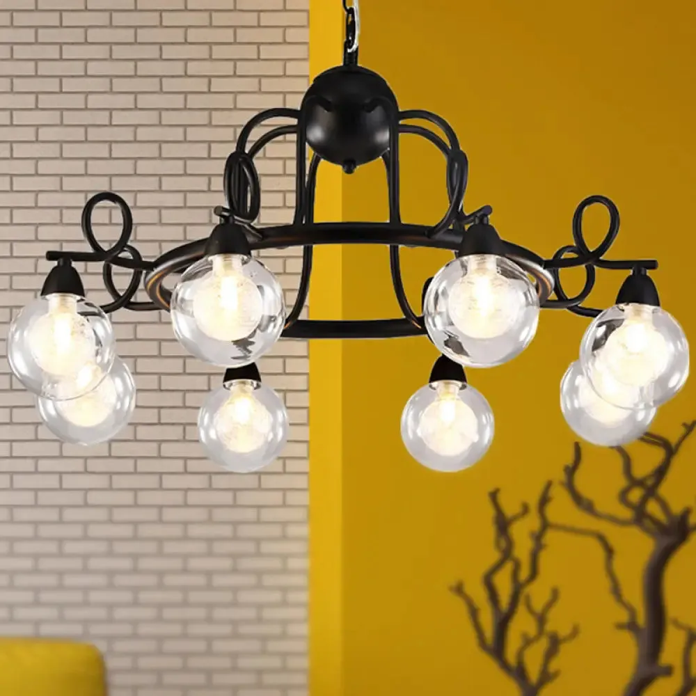 Rustic Mini Ball Clear Glass Pendant Light Fixture - 6/8-Light Hanging Chandelier in Black