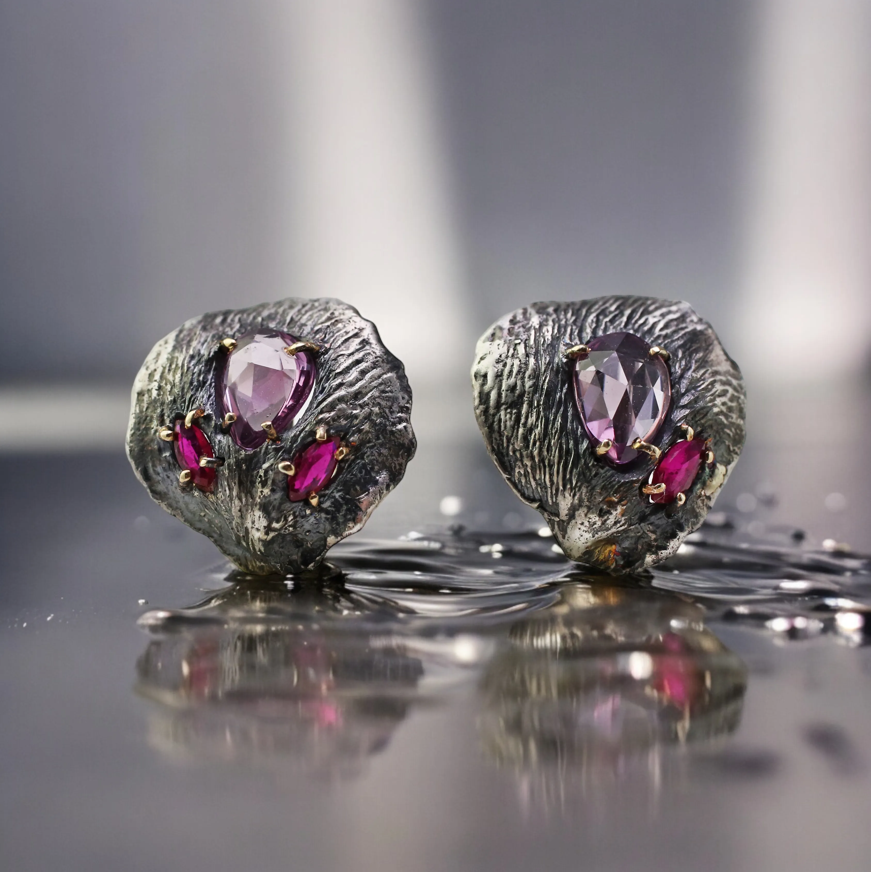 Sapphire and Ruby Petal Stud Earrings