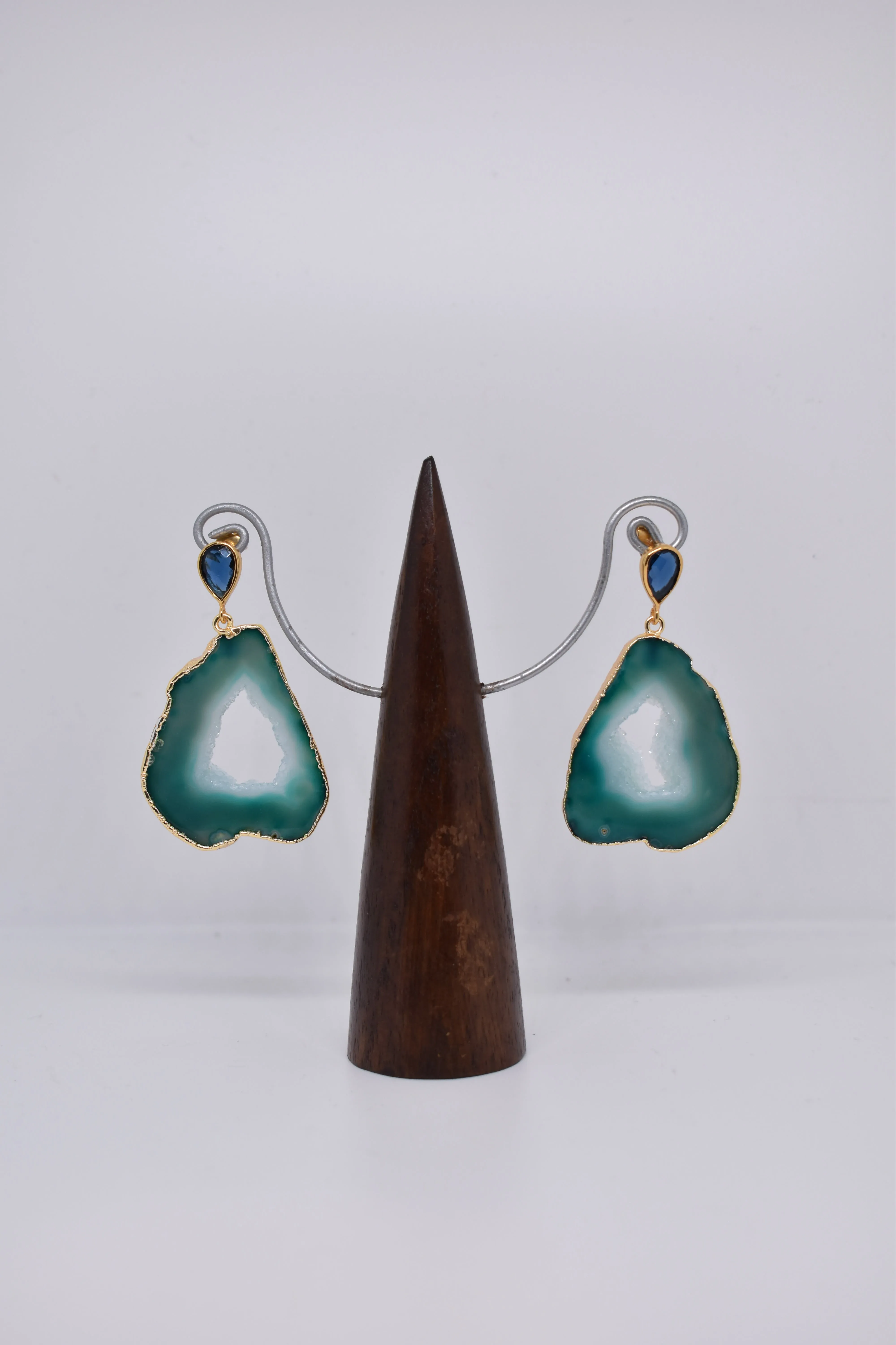 Sea Green Agate Slice and Blue Lolite Gemstone Drop Earrings