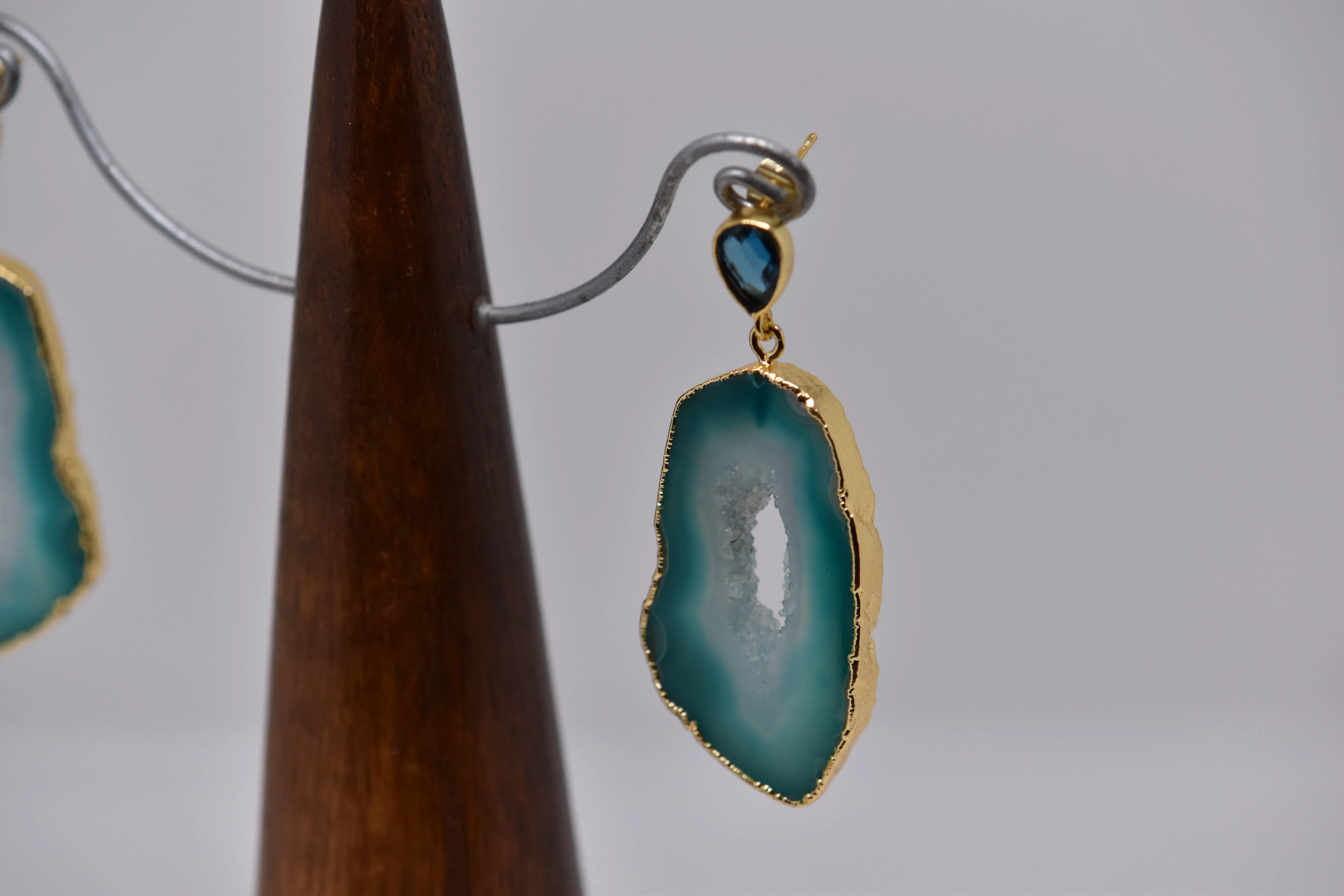 Sea Green Agate Slice and Blue Lolite Gemstone Drop Earrings