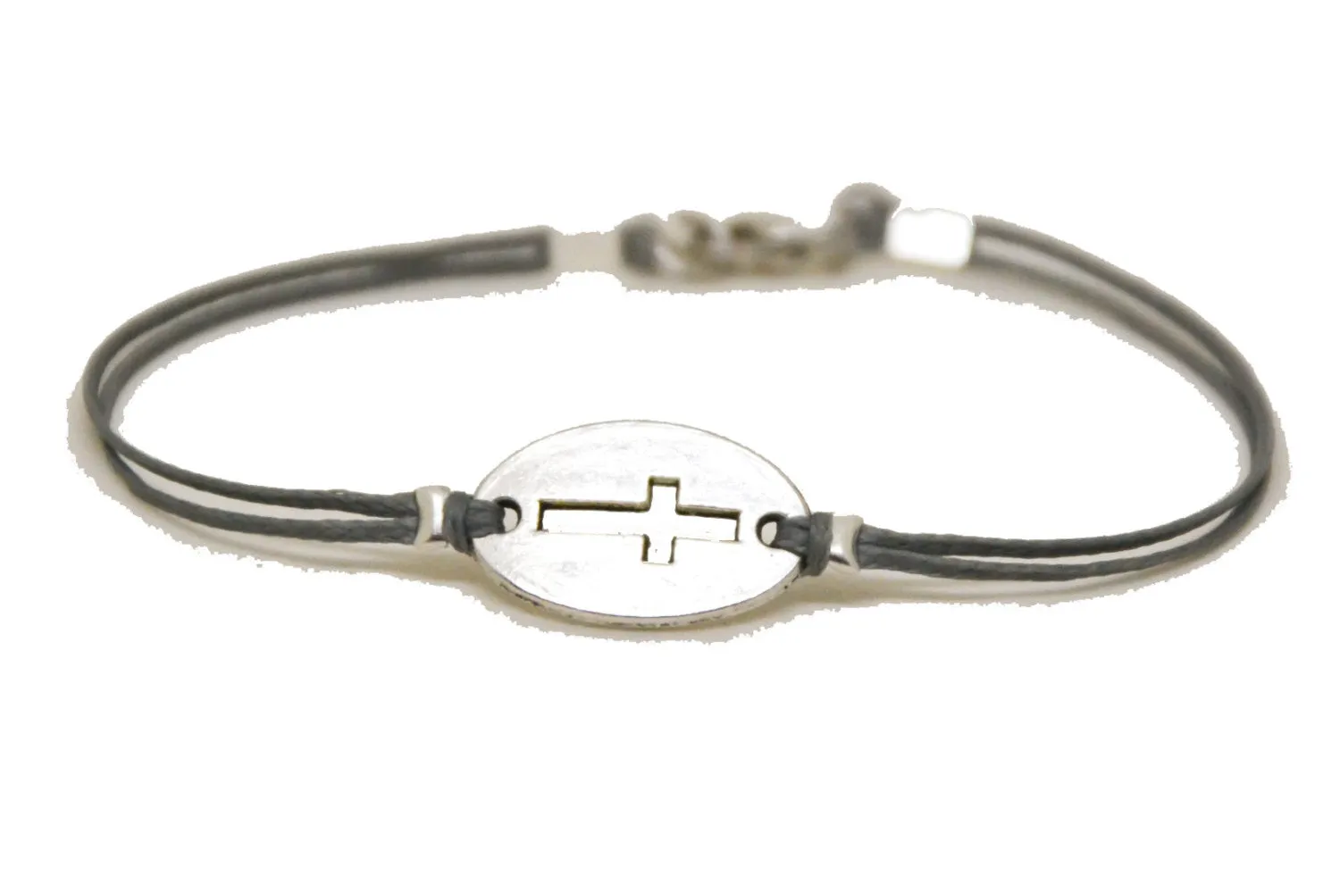 Silver Cross bracelet for men, gray cord, christian gift for him