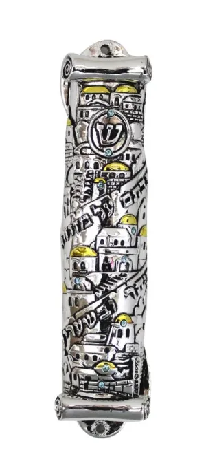 Silvered & Golden Polyresin Mezuzah 15 Cm - Scroll Shape "jerusalem" Design Inlaid With Stones