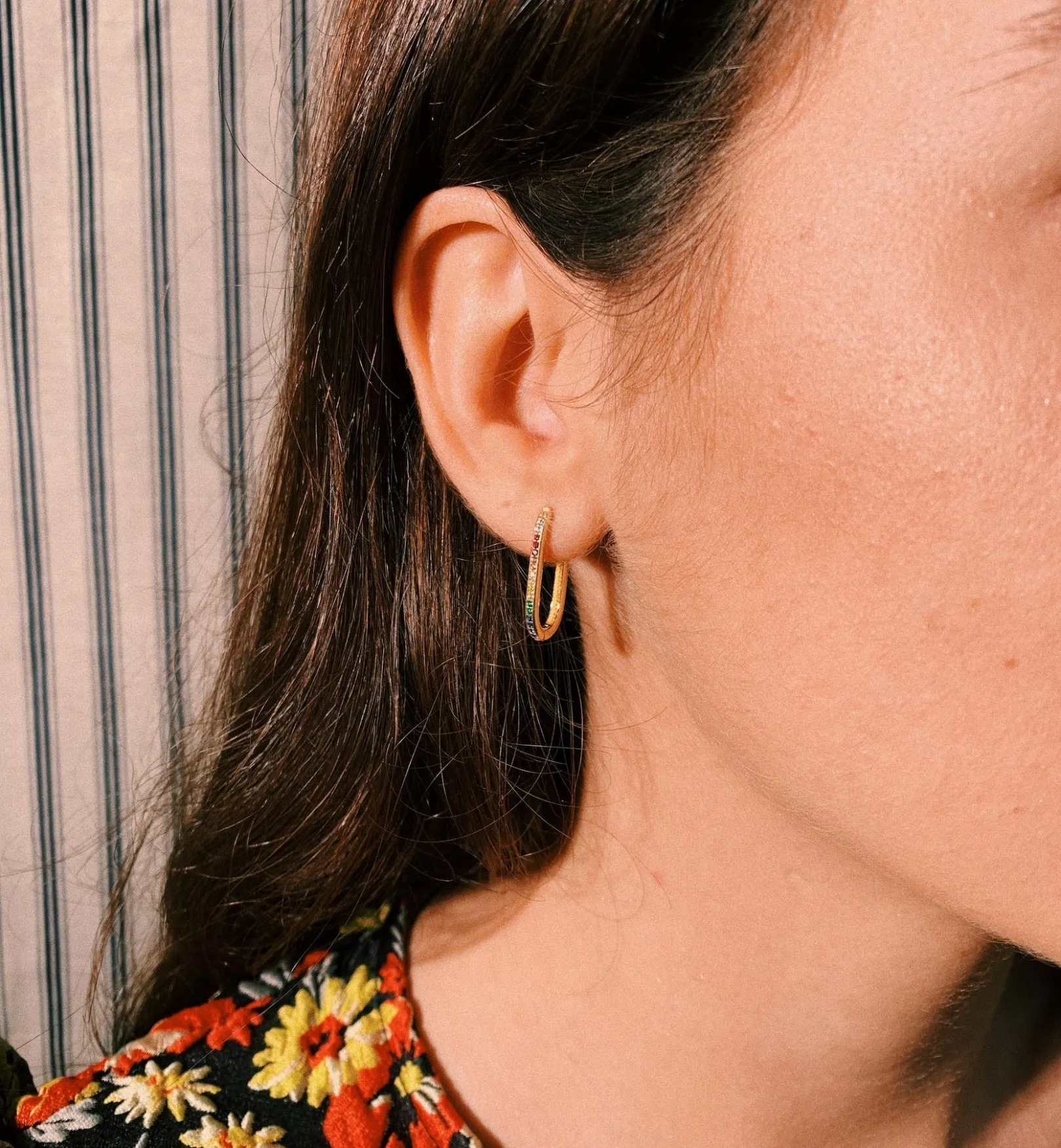 Single Rainbow Zirconia Paperclip Earring 14K