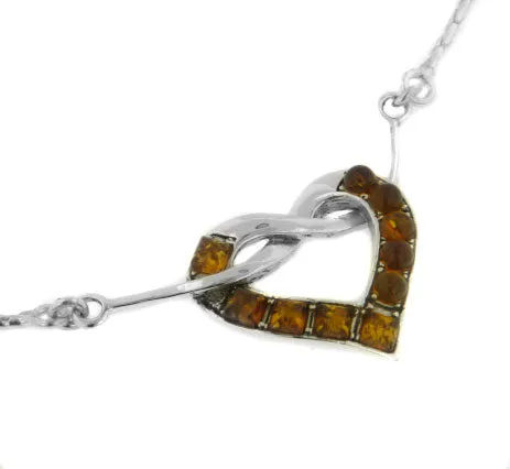 Sterling Silver Genuine Honey Baltic Amber Pendant Knotted Heart 18" Necklace