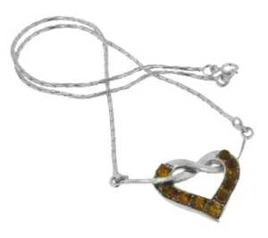 Sterling Silver Genuine Honey Baltic Amber Pendant Knotted Heart 18" Necklace