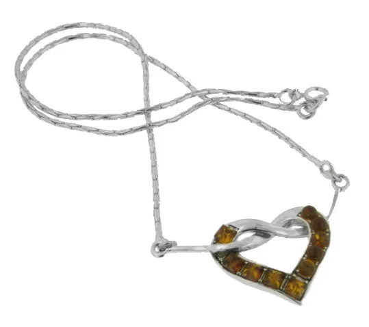 Sterling Silver Genuine Honey Baltic Amber Pendant Knotted Heart 18" Necklace