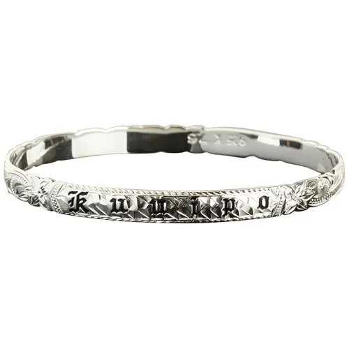 Sterling Silver Hawaiian Scroll Black Enamel KUUIPO (Sweetheart) Cut Out Edge Baby Bangle 6mm/8mm