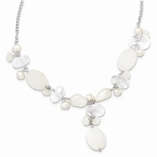 Sterling Silver Moonstone, FW Cultured Pearl, Rock Quartz, White Necklace