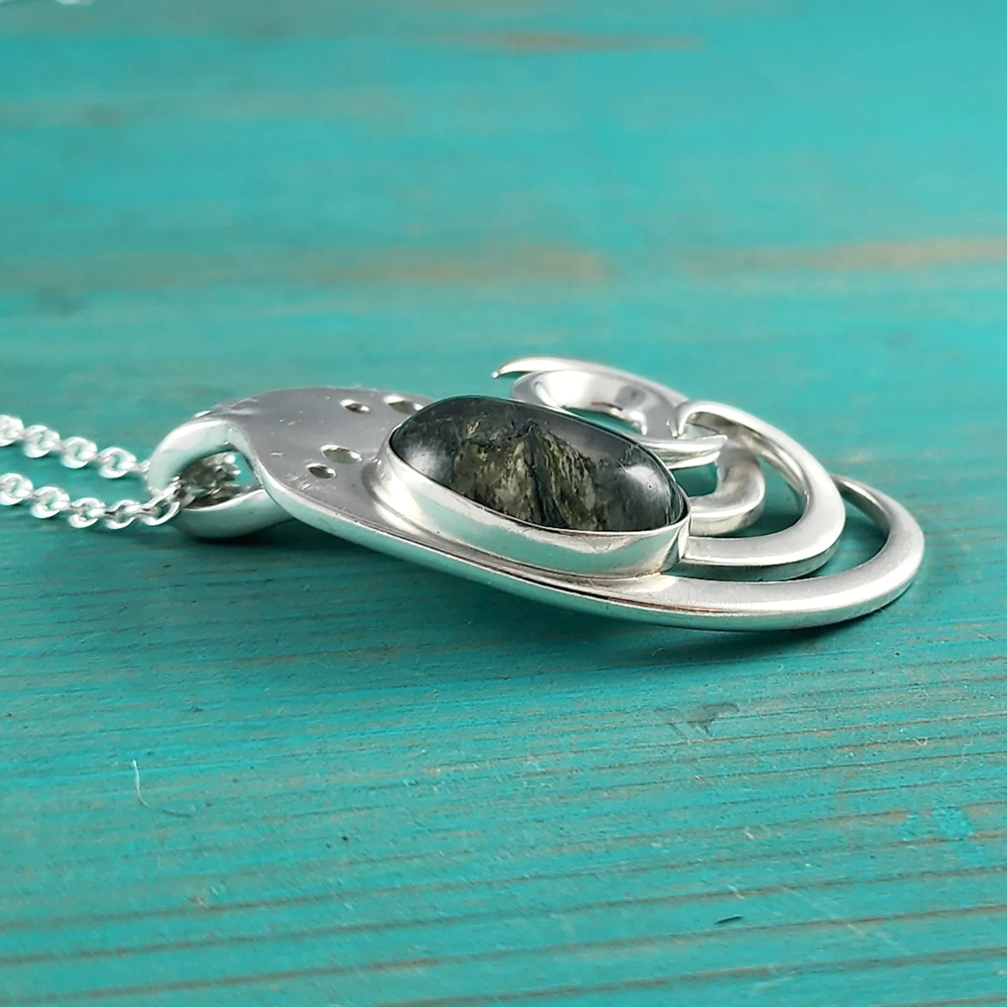 Sterling Silver Moss Agate Twisted Fork Pendant