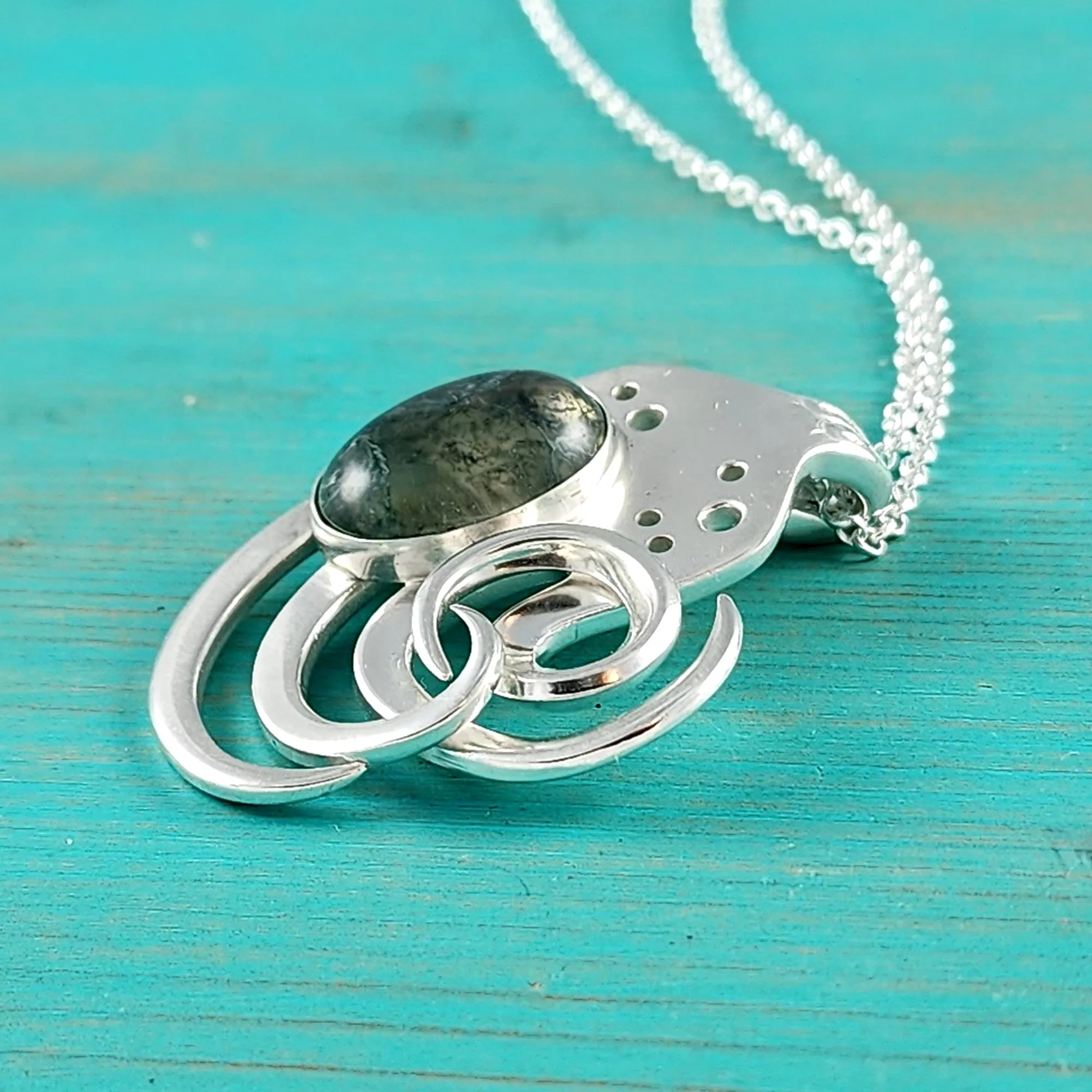Sterling Silver Moss Agate Twisted Fork Pendant