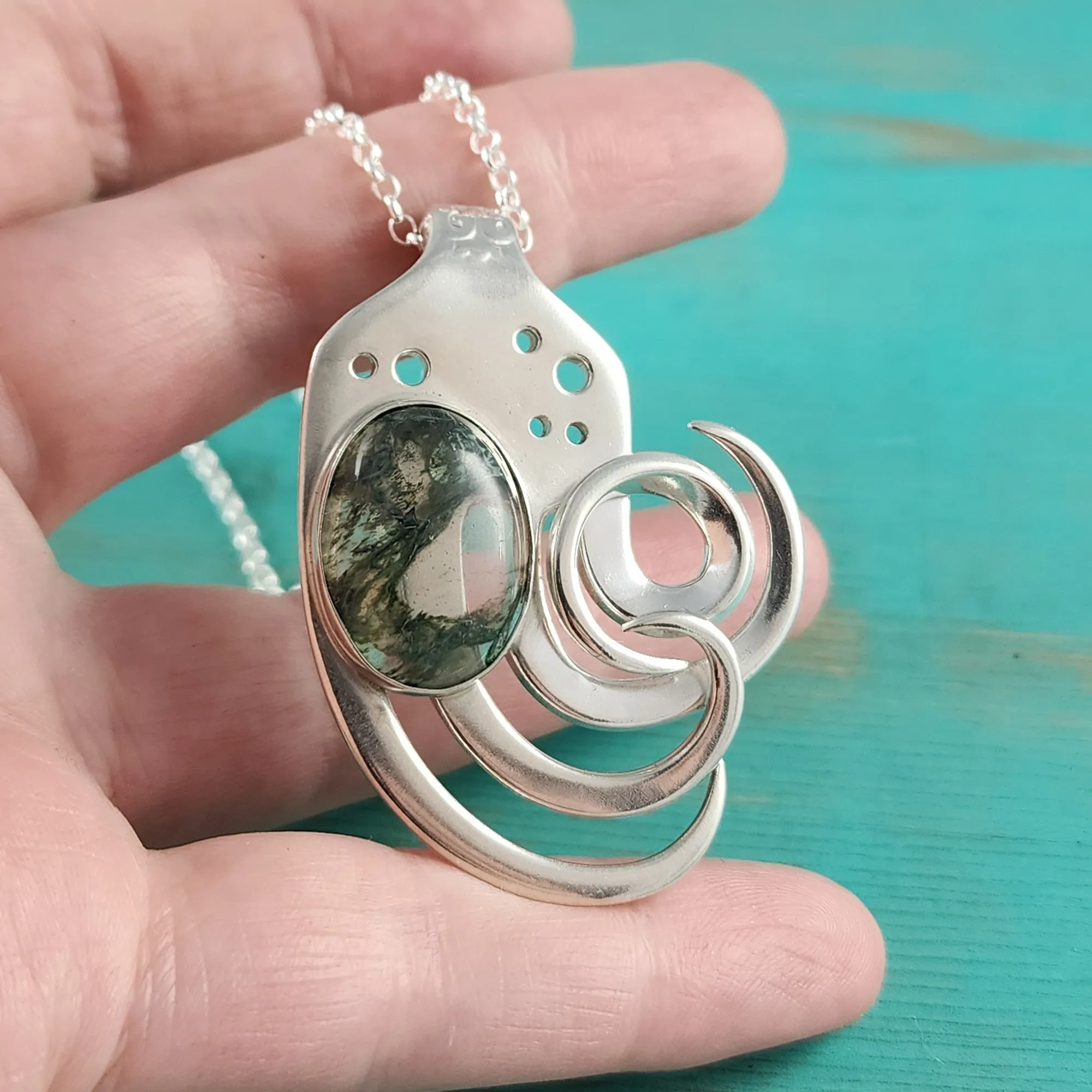 Sterling Silver Moss Agate Twisted Fork Pendant