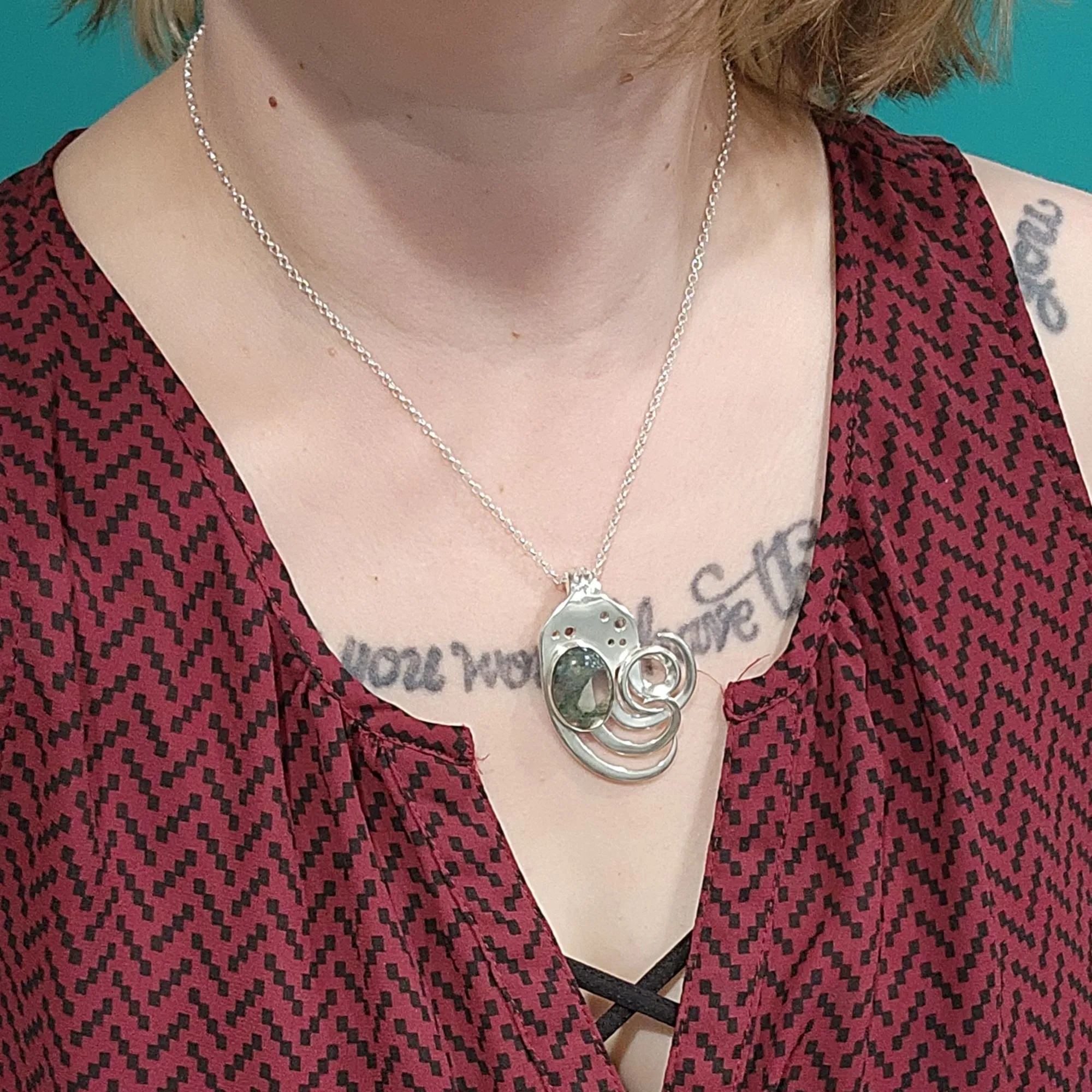 Sterling Silver Moss Agate Twisted Fork Pendant