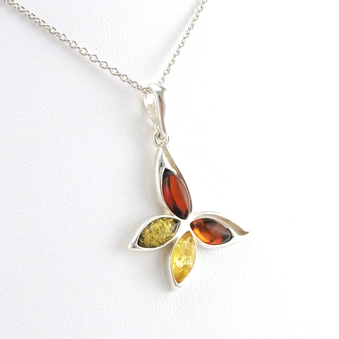 Sterling Silver Multicolored Amber Butterfly Necklace