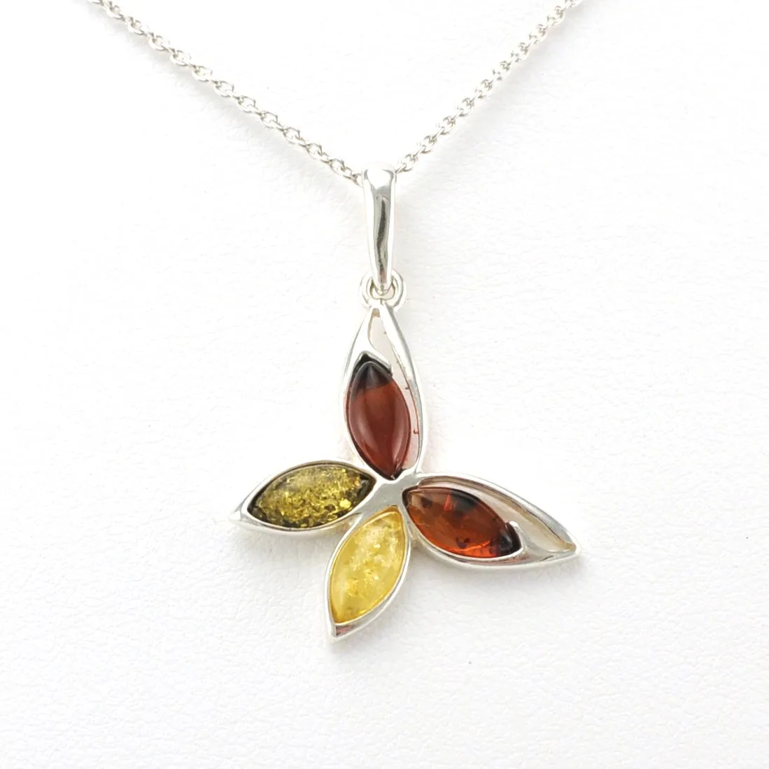 Sterling Silver Multicolored Amber Butterfly Necklace