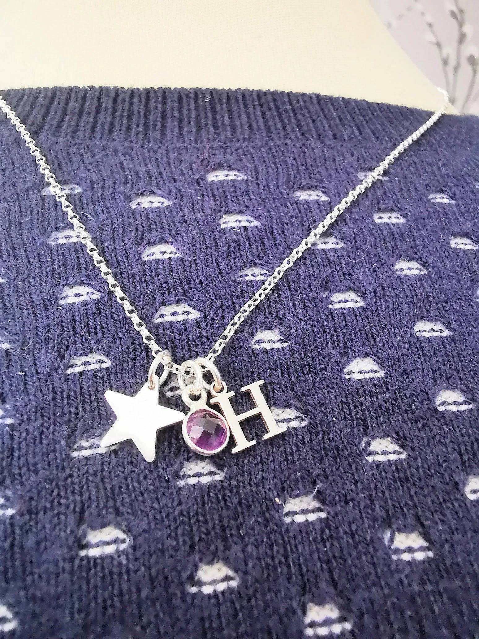 Sterling Silver Star, Initial and Gemstone Pendant Necklace