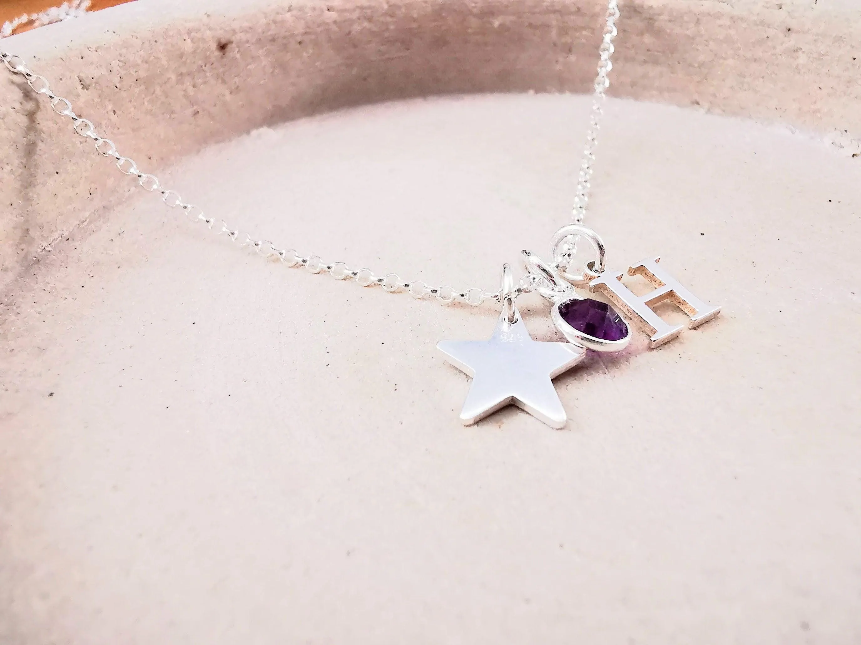 Sterling Silver Star, Initial and Gemstone Pendant Necklace